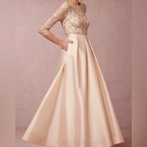 Aidan Mattox Blush Pink Lace Bodice Long Sleeve Evening Gown